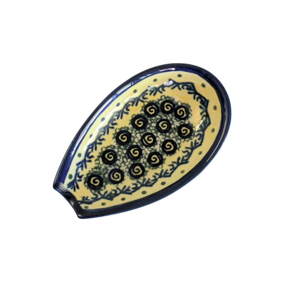 Boleslawiec Polish Pottery Spoon Rest Cobalt Blue Yellow Traditional Swirls